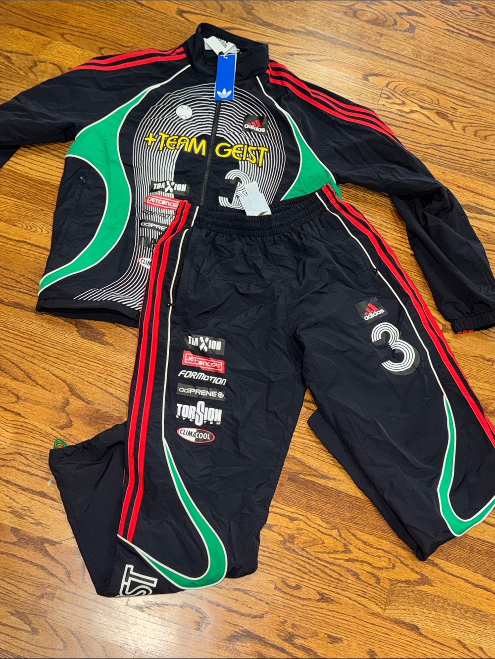adidas Black Track Set with Green and Red Accents SZ:Small